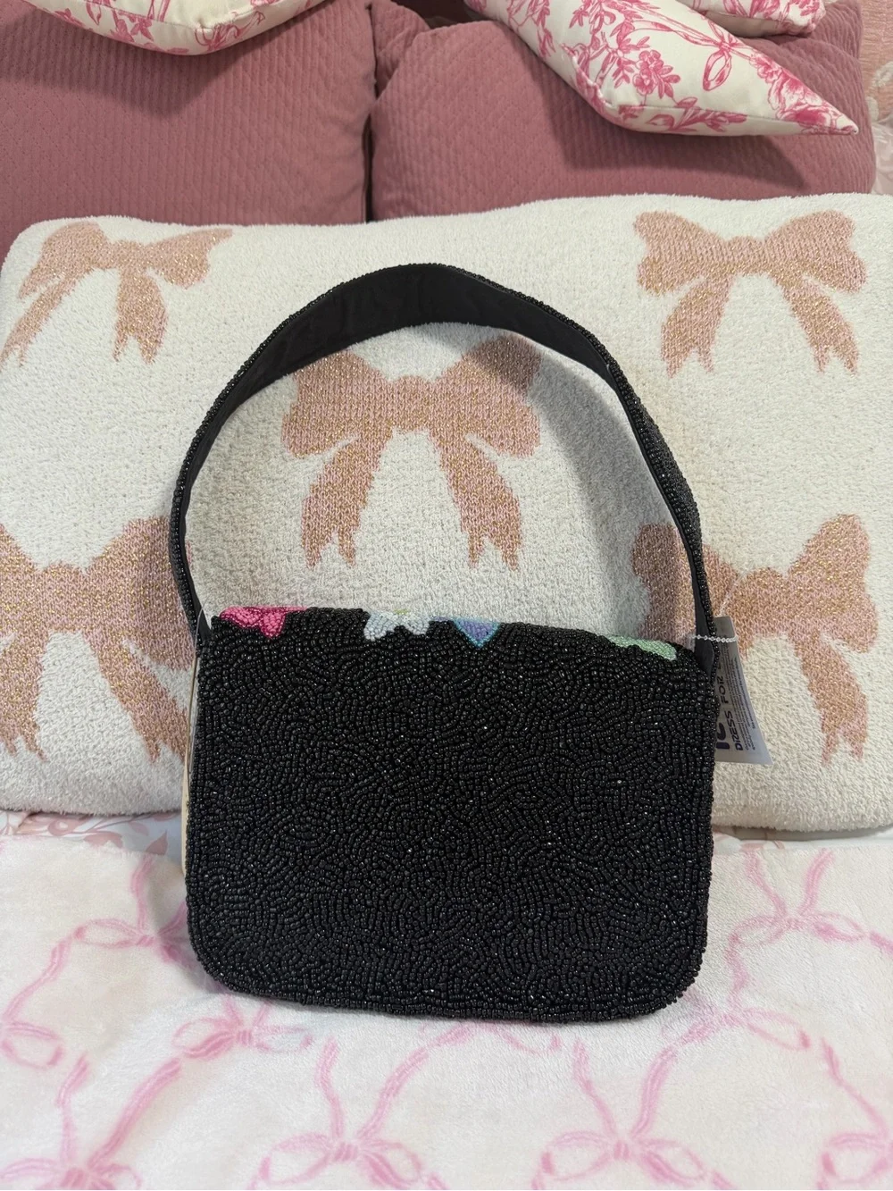 Beaded Floral Shoulder Bag - Black with Pink & Multicolor Flowers - Picture 3 of 6